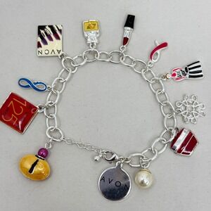 Avon 125 Years Anniversary Charm Bracelet Silver Tone Lipstick Perfume Enamel